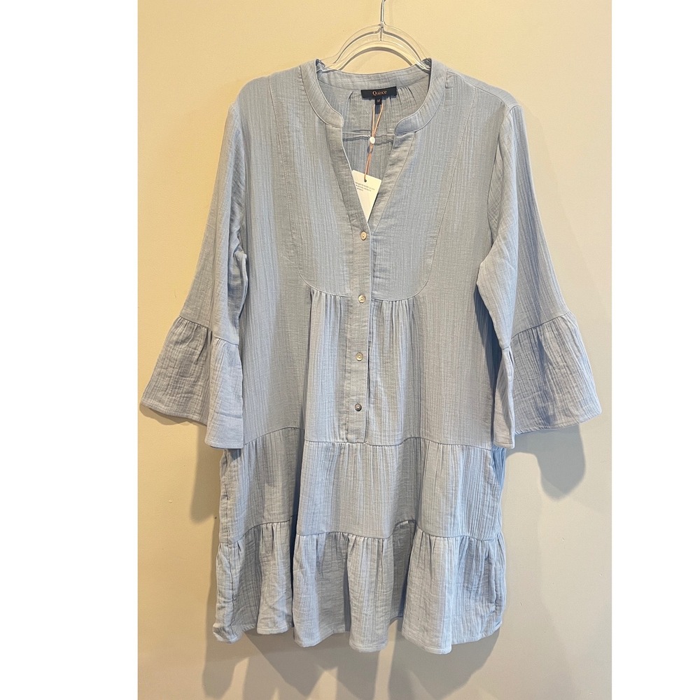 Quince Organic Cotton Gauze Tiered Mini Dress Ocean Breeze Blue M New